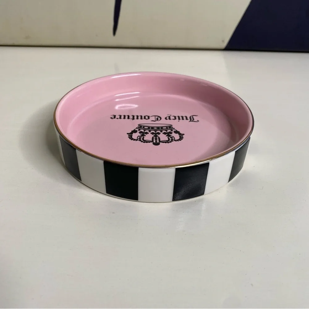 Juicy Couture Pink Jewelry Trinket Dish Tray with Black and White Stripes New